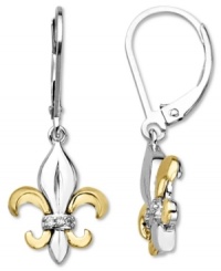 Symbolic and sparkling, these pretty Fleur De Lis earrings match perfectly with any outfit, while diamond accents add shine. Crafted in sterling silver and 14k gold. Approximate drop: 3/4 inch.