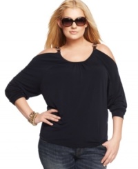 Snag a hot trend with MICHAEL Michael Kors' cold-shoulder plus size top-- pair it with your fave jeans! Snag a hot trend with MICHAEL Michael Kors' cold-shoulder plus size top-- pair it with your fave jeans!