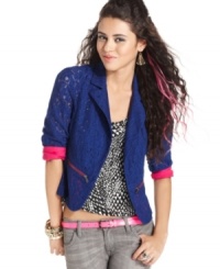 Born to be bold! From the vibrant lace fabric to the pops of color at the cuffs, this blazer from Material Girl totally brings it. Born to be bold! From the vibrant lace fabric to the pops of color at the cuffs, this blazer from Material Girl totally brings it.