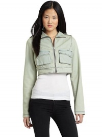 THE LOOKFaded denim constructionPoint collarZip frontEpaulettesLong sleeves with lace-up cuffsDual snap flap pocketsLace-up detail down the center backTHE FITAbout 15 from shoulder to hemTHE MATERIAL97% cotton/3% spandexCARE & ORIGINMachine washImportedModel shown is 5'11 (180cm) wearing US size Small. THE LOOKFaded denim constructionPoint collarZip frontEpaulettesLong sleeves with lace-up cuffsDual snap flap pocketsLace-up detail down the center backTHE FITAbout 15 from shoulder to hemTHE MATERIAL97% cotton/3% spandexCARE & ORIGINMachine washImportedModel shown is 5'11 (180cm) wearing US size Small.