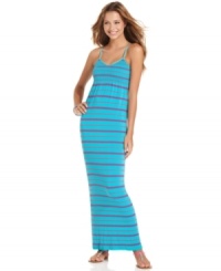 Multicolor stripes of the thick and thin variety add sporty style to this maxi dress from JJ Basics! Multicolor stripes of the thick and thin variety add sporty style to this maxi dress from JJ Basics!