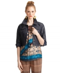 Faux leather ups the edge on the denim jacket with this cropped Bar III style -- a hot fall topper! Faux leather ups the edge on the denim jacket with this cropped Bar III style -- a hot fall topper!
