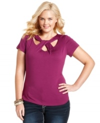 Lend a unique feel to your casual wardrobe with ING's short sleeve plus size top, featuring a cutout neckline. Lend a unique feel to your casual wardrobe with ING's short sleeve plus size top, featuring a cutout neckline.