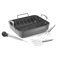This nonstick Calphalon roasting pans ensures superb results with its heavy-gauge aluminum construction--the ideal material for consistent heat conduction. It features low sides, so air circulates freely around your roast and moisture evaporates quickly. It stays level, even after years of high heat exposure, and they're accompanied by our U-shaped roasting rack. If you've never tried slow-roasted foods, now's the time to take the time. This nonstick Calphalon roasting pans ensures superb results with its heavy-gauge aluminum construction--the ideal material for consistent heat conduction. It features low sides, so air circulates freely around your roast and moisture evaporates quickly. It stays level, even after years of high heat exposure, and they're accompanied by our U-shaped roasting rack. If you've never tried slow-roasted foods, now's the time to take the time.