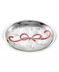 All tied up in a pretty red bow, this tray from Lenox's serveware and serving dishes collection is a gift to holiday tables. A lavish holly motif crafted in radiant aluminum provides a festive backdrop for fresh-baked rolls, muffins and more. All tied up in a pretty red bow, this tray from Lenox's serveware and serving dishes collection is a gift to holiday tables. A lavish holly motif crafted in radiant aluminum provides a festive backdrop for fresh-baked rolls, muffins and more.