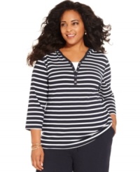 Top off your casual looks with Karen Scott's striped plus size hoodie-- grab all the colors at an Everyday Value price! Top off your casual looks with Karen Scott's striped plus size hoodie-- grab all the colors at an Everyday Value price!