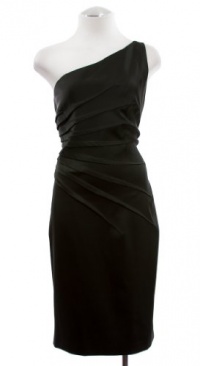 David Meister Black Stretch Satin Pleated One Shoulder Cocktail Dress 12 David Meister Black Stretch Satin Pleated One Shoulder Cocktail Dress 12