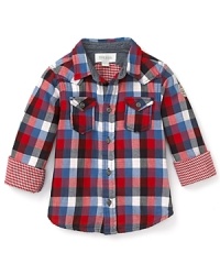 A rich, multicolor check print announces an updated style from Diesel. This handsome sport shirt is trimmed with mini checks at the cuff and Diesel Brave and Easy embroidery on back. A rich, multicolor check print announces an updated style from Diesel. This handsome sport shirt is trimmed with mini checks at the cuff and Diesel Brave and Easy embroidery on back.