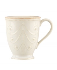 With fanciful beading and an antiqued edge, this mug from the Lenox French Perle white dinnerware collection has an irresistibly old-fashioned sensibility. Hard-wearing stoneware is dishwasher safe and, in soft white hue, a graceful addition to every meal. With fanciful beading and an antiqued edge, this mug from the Lenox French Perle white dinnerware collection has an irresistibly old-fashioned sensibility. Hard-wearing stoneware is dishwasher safe and, in soft white hue, a graceful addition to every meal.