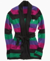 Snuggle up in this girls striped cardigan sweater from Guess with chunky stripes and a versatile waist tie. Snuggle up in this girls striped cardigan sweater from Guess with chunky stripes and a versatile waist tie.