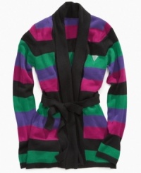 Snuggle up in this girls striped cardigan sweater from Guess with chunky stripes and a versatile waist tie.