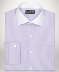 Bengal stripes and a slim fit on this Lauren by Ralph Lauren dress shirt make sure you get noticed anywhere you go. Bengal stripes and a slim fit on this Lauren by Ralph Lauren dress shirt make sure you get noticed anywhere you go.