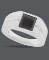 Square off on stately design. This unique men's ring stands out with a square-cut onyx gemstone (1-1/2 ct. t.w.) anchored by two rows of round-cut diamonds (1/8 ct. t.w.) at the shoulders. Crafted in sterling silver. Size 10-1/2.