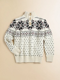 An intarsia-knit snowflake pattern adorns this mockneck collar toggle sweater for the perfect seasonal layering piece.Ribbed mockneckLong sleeves with ribbed cuffsWooden toggle closureEven-vented hemCotton/WoolHand washImported An intarsia-knit snowflake pattern adorns this mockneck collar toggle sweater for the perfect seasonal layering piece.Ribbed mockneckLong sleeves with ribbed cuffsWooden toggle closureEven-vented hemCotton/WoolHand washImported
