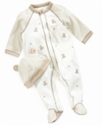 He'll be sweet as honey in this darling bear-print footed coverall and beanie from Little Me. He'll be sweet as honey in this darling bear-print footed coverall and beanie from Little Me.