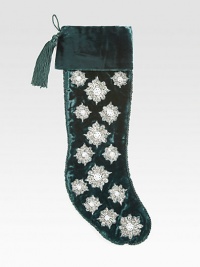 EXCLUSIVELY AT SAKS. Hand-beaded snowflakes shimmer on this velvety Christmas stocking, from renowned designer Sudha Pennathur. HandcraftedVelvet with beaded embroidery and rayon cord21L; 7½ top openingDry cleanImported