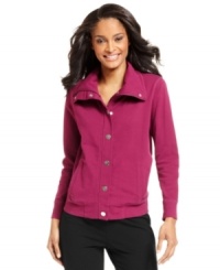 Sporty elements such as a stand collar and snap buttons create an ultra-flattering petite jacket from Style&co. Wear it for a casual yet chic look. Sporty elements such as a stand collar and snap buttons create an ultra-flattering petite jacket from Style&co. Wear it for a casual yet chic look.