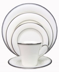 Clean and simple with classic accents, the Silver Sonnet 5-piece place settings boast universal appeal. Beaded bands of black and platinum stand out on bright white bone china for sophisticated formal affairs. A sleek, flared teacup sounds a contemporary note.