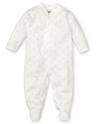 An adorable three-quarter sleeve footie in yellow duck print. An adorable three-quarter sleeve footie in yellow duck print.