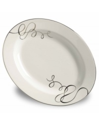Sweet yet sophisticated, a loopy ribbon design sweeps across this porcelain oval platter from Mikasa. Complete with a sparkling platinum rim, this flirty pattern captivates everyone at your dinner table. Sweet yet sophisticated, a loopy ribbon design sweeps across this porcelain oval platter from Mikasa. Complete with a sparkling platinum rim, this flirty pattern captivates everyone at your dinner table.