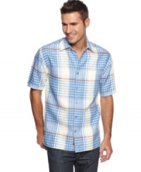 Classic and casual. This large plaid-patterned shirt from Cubavera showcases your laid-back style. Classic and casual. This large plaid-patterned shirt from Cubavera showcases your laid-back style.