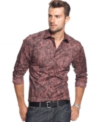 This paisley print button down by Tallia Orange will add a chic pop of personality to your shirt collection. This paisley print button down by Tallia Orange will add a chic pop of personality to your shirt collection.