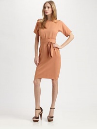 A crossover v-back is a chic, unexpected surprise on this belted silhouette of woven silk. BoatneckDropped shouldersShort sleevesBanded waist with self-tie beltCrossover v-backAbout 24 from natural waistSilkDry cleanImportedModel shown is 5'9½ (176cm) wearing US size 4. A crossover v-back is a chic, unexpected surprise on this belted silhouette of woven silk. BoatneckDropped shouldersShort sleevesBanded waist with self-tie beltCrossover v-backAbout 24 from natural waistSilkDry cleanImportedModel shown is 5'9½ (176cm) wearing US size 4.