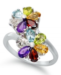 Petal perfection. Two vibrant flowers adorn this pretty wrap ring. Crafted in sterling silver with pear-cut blue topaz (3/8 ct. t.w.), light citrine (1/3 ct. t.w.), garnet (1/2 ct. t.w.), amethyst (3/8 ct. t.w.), peridot (3/8 ct. t.w.) and white topaz (3/8 ct. t.w.). Size 7. Petal perfection. Two vibrant flowers adorn this pretty wrap ring. Crafted in sterling silver with pear-cut blue topaz (3/8 ct. t.w.), light citrine (1/3 ct. t.w.), garnet (1/2 ct. t.w.), amethyst (3/8 ct. t.w.), peridot (3/8 ct. t.w.) and white topaz (3/8 ct. t.w.). Size 7.