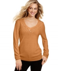 Tonal sequins at the neckline elevate Debbie Morgan's V-neck sweater. Pair it with skinny jeans for an on-point ensemble. Tonal sequins at the neckline elevate Debbie Morgan's V-neck sweater. Pair it with skinny jeans for an on-point ensemble.
