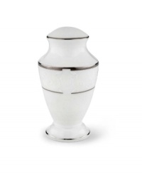 This elegant salt shaker is accented with a delicate flourish of vine-like, white-on-white imprints with raised, iridescent enamel dots. From Lenox's dinnerware and dishes collection. This elegant salt shaker is accented with a delicate flourish of vine-like, white-on-white imprints with raised, iridescent enamel dots. From Lenox's dinnerware and dishes collection.