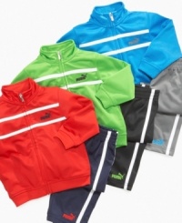 Little man on the run. He'll be ready for action in this sharp tricot jacket and pant set from Puma. Little man on the run. He'll be ready for action in this sharp tricot jacket and pant set from Puma.