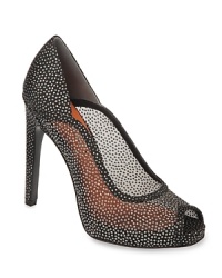 Sheer genius, these Via Spiga platform evening pumps feature mesh uppers with a sparkling finish. Sheer genius, these Via Spiga platform evening pumps feature mesh uppers with a sparkling finish.