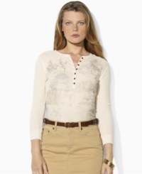 Rendered in lightweight waffle-knit cotton, Lauren Jeans Co.'s chic Henley shirt exudes vintage romance with Old West-inspired scenery printed at the front. Rendered in lightweight waffle-knit cotton, Lauren Jeans Co.'s chic Henley shirt exudes vintage romance with Old West-inspired scenery printed at the front.