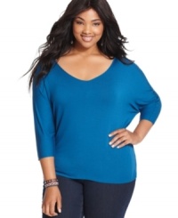 Make a memorable exit in Soprano's three-quarter-sleeve plus size top, showcasing a crisscross back! (Clearance)