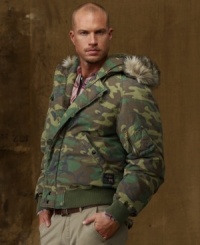 It's a jungle out there, but you won't blend in by wearing this bold, feather-filled camouflage jacket that features a fleece-lined hood with trim and cozy hand pockets for braving the elements. It's a jungle out there, but you won't blend in by wearing this bold, feather-filled camouflage jacket that features a fleece-lined hood with trim and cozy hand pockets for braving the elements.