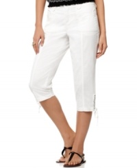 A laced drawstring at the cuff of these petite capri pants by Style&co. is a pretty finishing touch. This look goes great with dressy flats and colorful wedges! (Clearance) A laced drawstring at the cuff of these petite capri pants by Style&co. is a pretty finishing touch. This look goes great with dressy flats and colorful wedges! (Clearance)