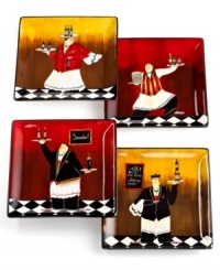 At your service, Bistro dinner plates combine serious durability with a sense of humor. An illustrated waitstaff keeps the wine coming, creating a festive atmosphere around any casual table. At your service, Bistro dinner plates combine serious durability with a sense of humor. An illustrated waitstaff keeps the wine coming, creating a festive atmosphere around any casual table.