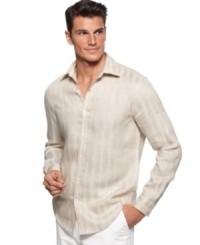Casual cool. Look the part of an executive on holiday with this linen shirt in a classic herringbone pattern from Perry Ellis. Casual cool. Look the part of an executive on holiday with this linen shirt in a classic herringbone pattern from Perry Ellis.