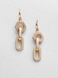 A logo accented nut and narrow, chain links in a chic drop design. Rose goldtone brassDrop, about 1.9Hook backImported A logo accented nut and narrow, chain links in a chic drop design. Rose goldtone brassDrop, about 1.9Hook backImported
