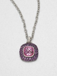 A cushion-cut pink corundum stone surrounded by pavé amethyst stones set in textured sterling silver on a link chain. Pink corundum and amethystSterling silverLength, about 17Pendant size, about 1Lobster clasp closureImported A cushion-cut pink corundum stone surrounded by pavé amethyst stones set in textured sterling silver on a link chain. Pink corundum and amethystSterling silverLength, about 17Pendant size, about 1Lobster clasp closureImported
