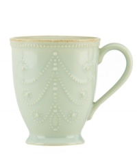 With fanciful beading and an antiqued edge, this Lenox French Perle mug has an irresistibly old-fashioned sensibility. Hardwearing stoneware is dishwasher safe and, in an ethereal ice-blue hue, a graceful addition to every meal.