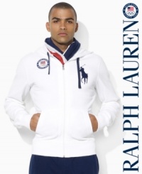 Rendered in luxuriously lightweight fleece, a trim-fitting full-zip hoodie celebrates Team USA's participation in the 2012 Olympics with bold country embroidery. Rendered in luxuriously lightweight fleece, a trim-fitting full-zip hoodie celebrates Team USA's participation in the 2012 Olympics with bold country embroidery.