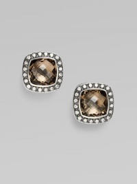 From the Moonlight Ice Collection. Rich smokey quartz is surrounded by luxe pavé diamonds in a sterling silver setting.Diamonds, 0.60 tcw Smokey quartz Sterling silver About ½ square Post back Imported From the Moonlight Ice Collection. Rich smokey quartz is surrounded by luxe pavé diamonds in a sterling silver setting.Diamonds, 0.60 tcw Smokey quartz Sterling silver About ½ square Post back Imported