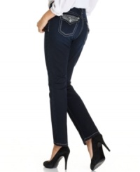 Seven7 puts a brilliant dark wash and embroidered flap pockets on a pair of slimming straight-leg petite jeans. Seven7 puts a brilliant dark wash and embroidered flap pockets on a pair of slimming straight-leg petite jeans.