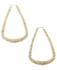 Textured appeal. RACHEL Rachel Roy's non-traditional hoop earrings feature a playful teardrop shape with a unique pebbled surface. Crafted in gold tone mixed metal. Approximate drop: 3 inches. Approximate diameter: 1-3/4 inches. Textured appeal. RACHEL Rachel Roy's non-traditional hoop earrings feature a playful teardrop shape with a unique pebbled surface. Crafted in gold tone mixed metal. Approximate drop: 3 inches. Approximate diameter: 1-3/4 inches.