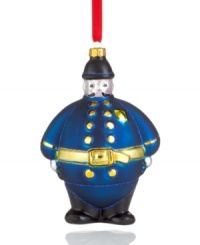 Appearing first in 1947 and now, as an official balloon for Macy's Thanksgiving Day Parade, Harold the policeman salutes officers everywhere. In glass with glitter detail, his collectible ornament commands attention in any Christmas tree. Appearing first in 1947 and now, as an official balloon for Macy's Thanksgiving Day Parade, Harold the policeman salutes officers everywhere. In glass with glitter detail, his collectible ornament commands attention in any Christmas tree.