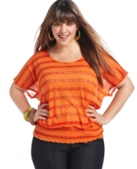 Sport a super-cute look with Eyeshadow's short sleeve plus size top, rocking a striped pattern! Sport a super-cute look with Eyeshadow's short sleeve plus size top, rocking a striped pattern!
