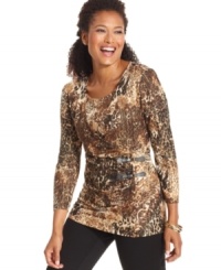 JM Collection's petite top features a unique print and chic buckles! Wear it with your favorite trousers for a complete look. (Clearance) JM Collection's petite top features a unique print and chic buckles! Wear it with your favorite trousers for a complete look. (Clearance)