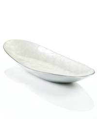 Full of surprises, this handcrafted tray from the Simply Designz collection of serveware and serving dishes features sleek, polished aluminum with a scalloped ivory center. Use it for show or make fresh-baked muffins or grilled veggies stand out. Full of surprises, this handcrafted tray from the Simply Designz collection of serveware and serving dishes features sleek, polished aluminum with a scalloped ivory center. Use it for show or make fresh-baked muffins or grilled veggies stand out.
