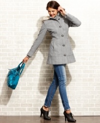 Esprit mixes faux fur trim and herringbone tweed to create a cute coat with a modern, menswear-inspired feel. Esprit mixes faux fur trim and herringbone tweed to create a cute coat with a modern, menswear-inspired feel.